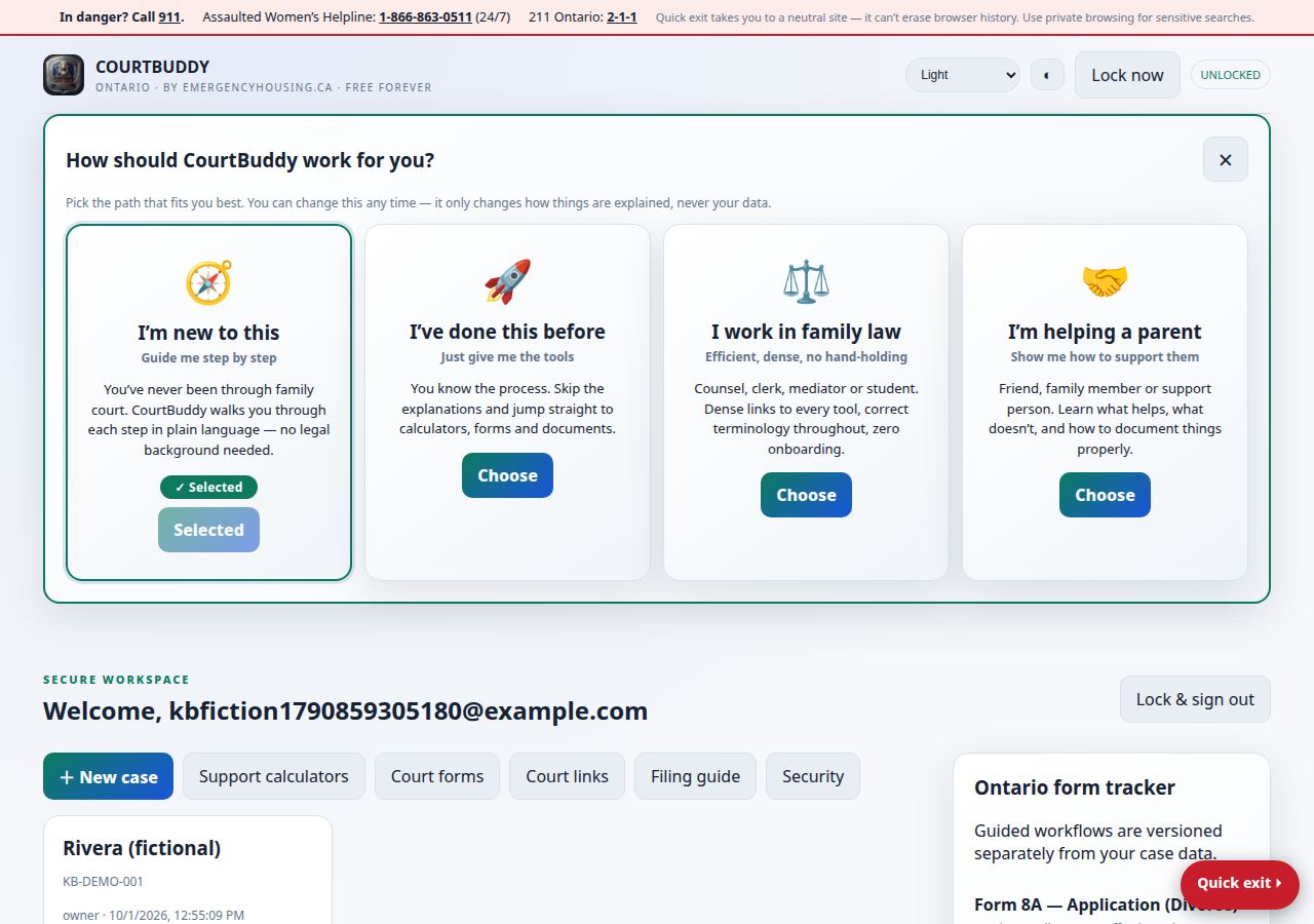 The Ontario CourtBuddy Your cases dashboard on desktop: experience-path picker, the + New case button, the fictional 'Rivera (fictional)' case card, and the Ontario form tracker sidebar
