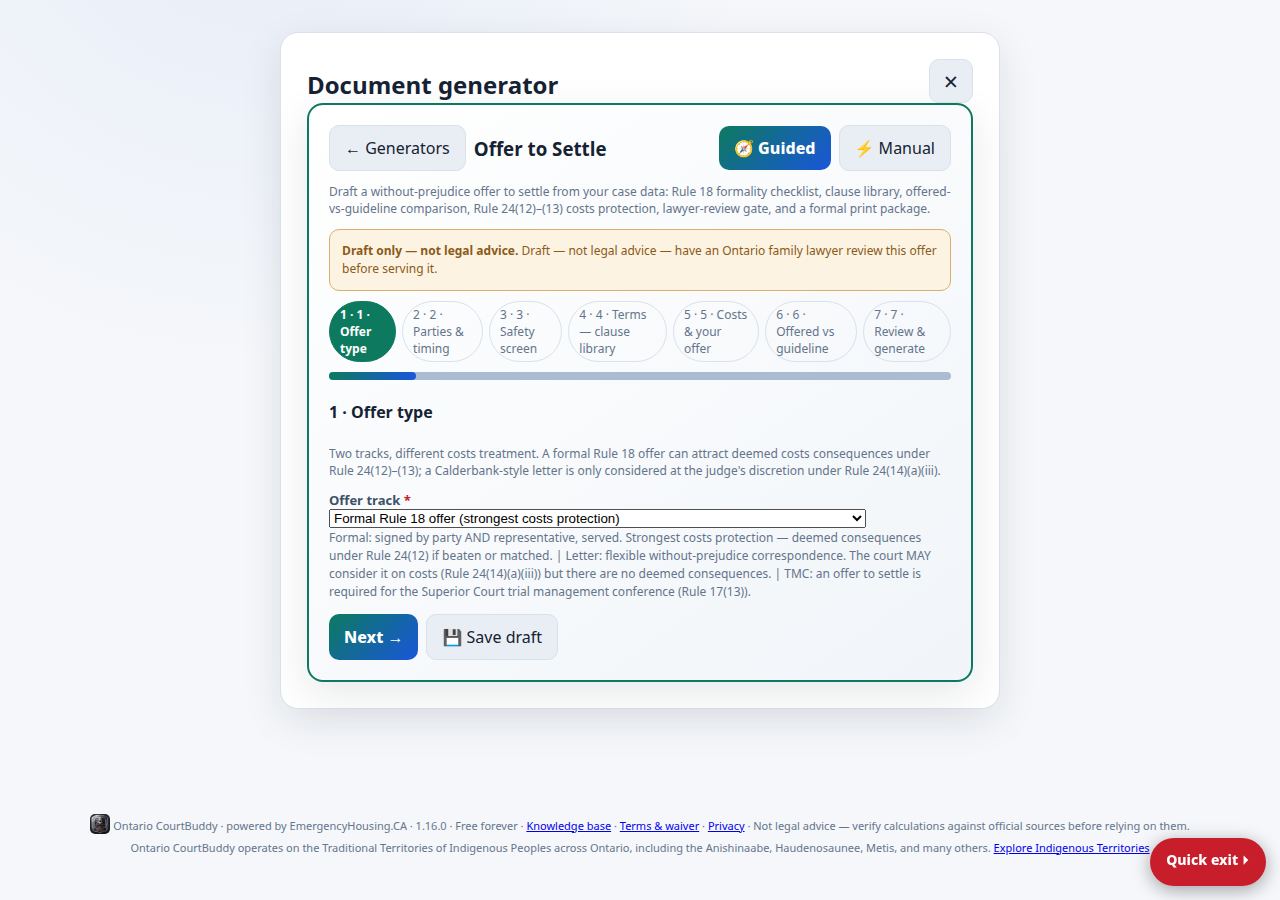 The Offer to Settle document generator: Guided and Manual tabs, seven step chips, the draft-only warning, and the offer-track dropdown