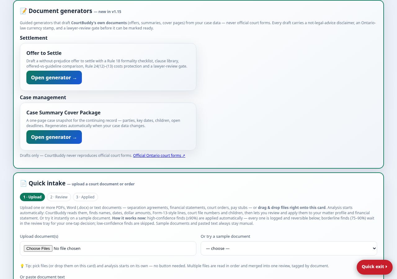 The Quick intake card on the Forms tab: upload buttons, sample-document picker, and the 1 · Upload / 2 · Review / 3 · Applied progress steps