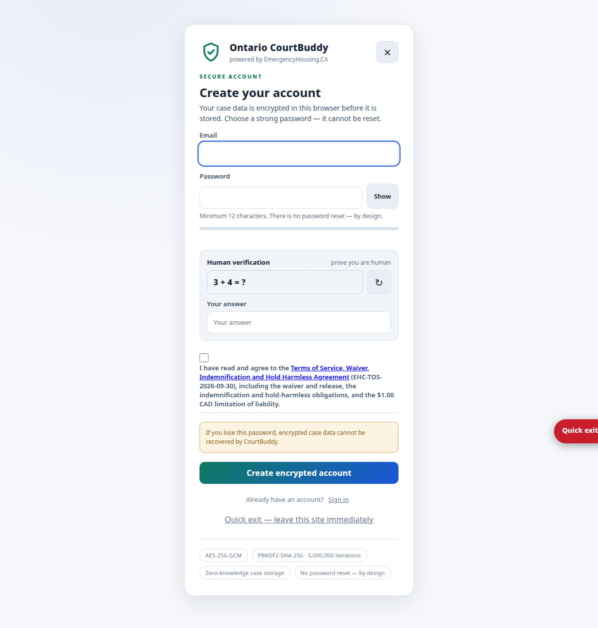 Ontario CourtBuddy secure account creation card: email, 12-character password, human-verification math question, terms acceptance, and the no-password-reset warning