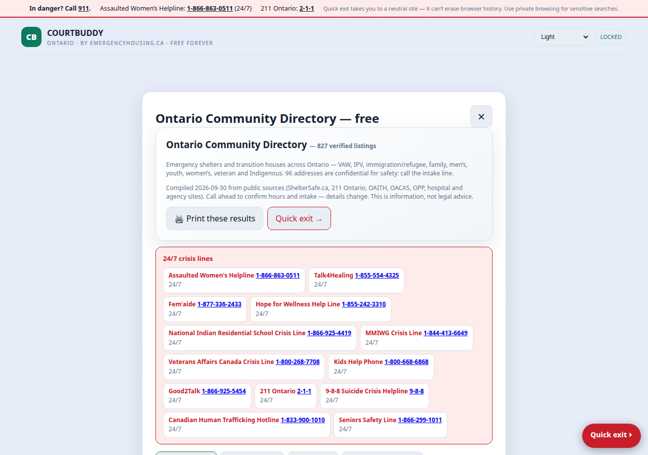 The Ontario Community Directory: 2,088 verified listings with crisis lines, search, quick-exit, and print buttons