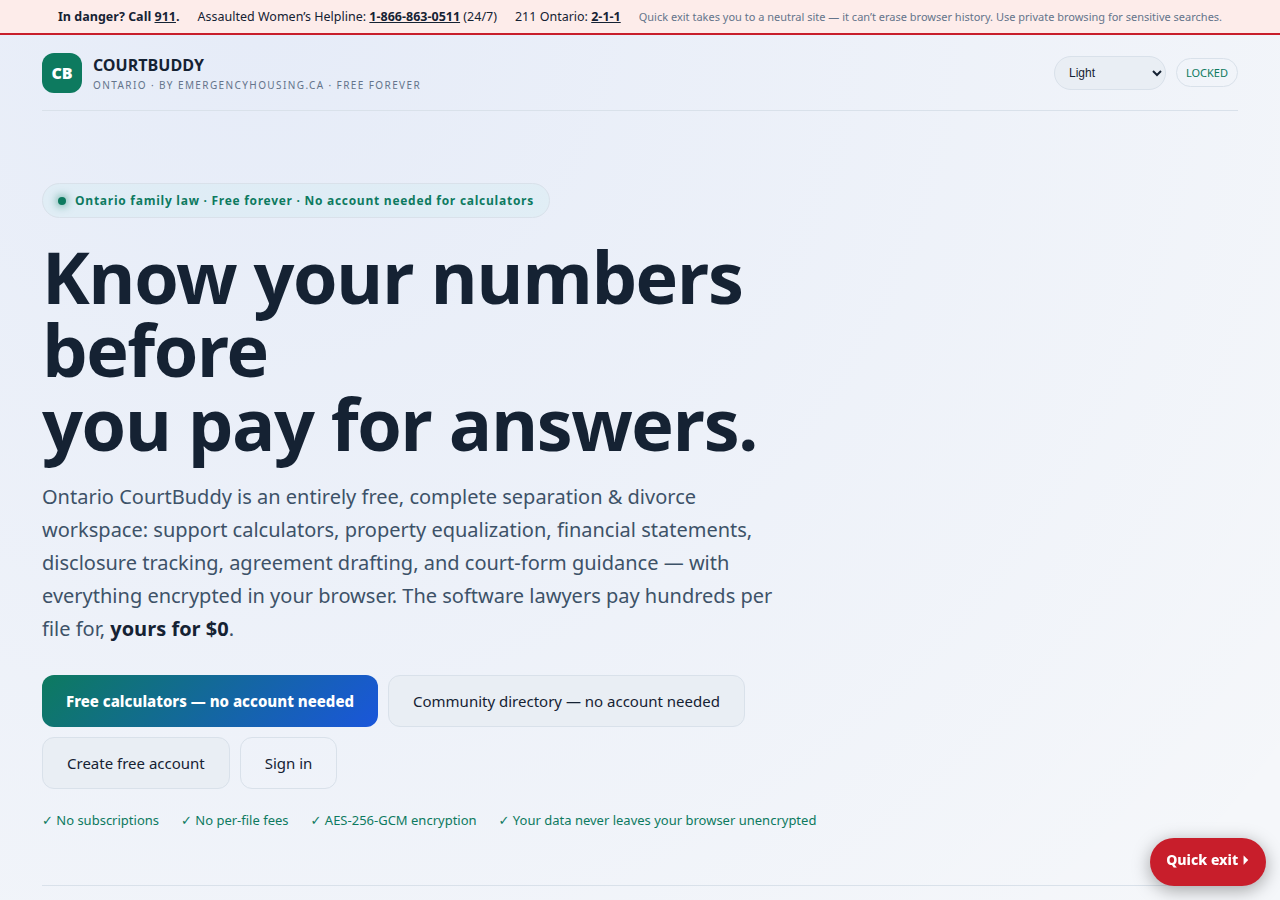 Ontario CourtBuddy home page hero: free calculators, community directory, account creation, and sign-in buttons